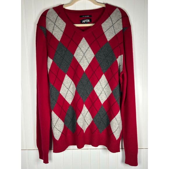 Apt. 9 Red Gray Argyle 100% Cashmere Sweater Men’s Sz L V-Neck academia holiday - Picture 1 of 10